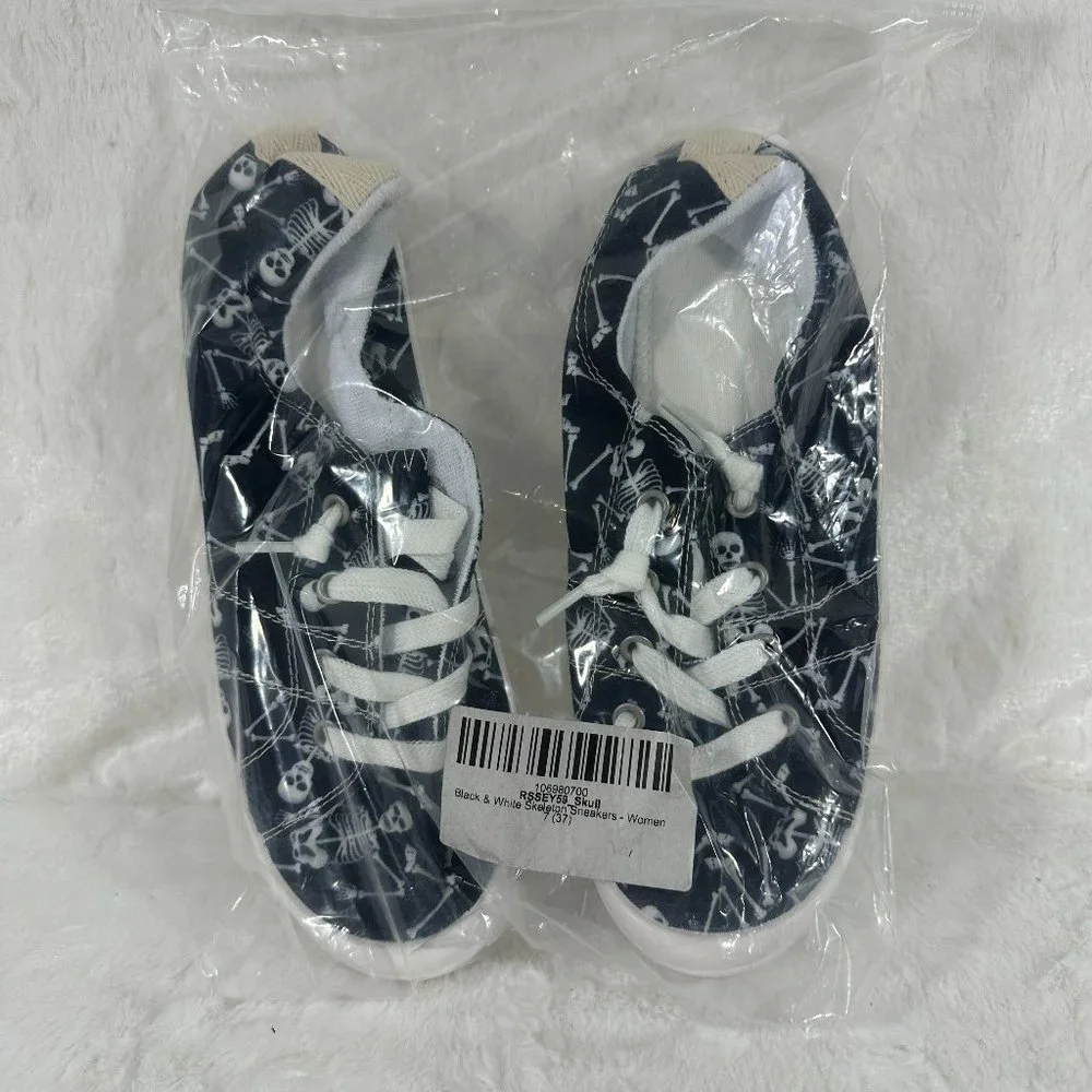 Women's Sneakers Skull - Black & White Skeleton Sneakers lace up New - Picture 2 of 8